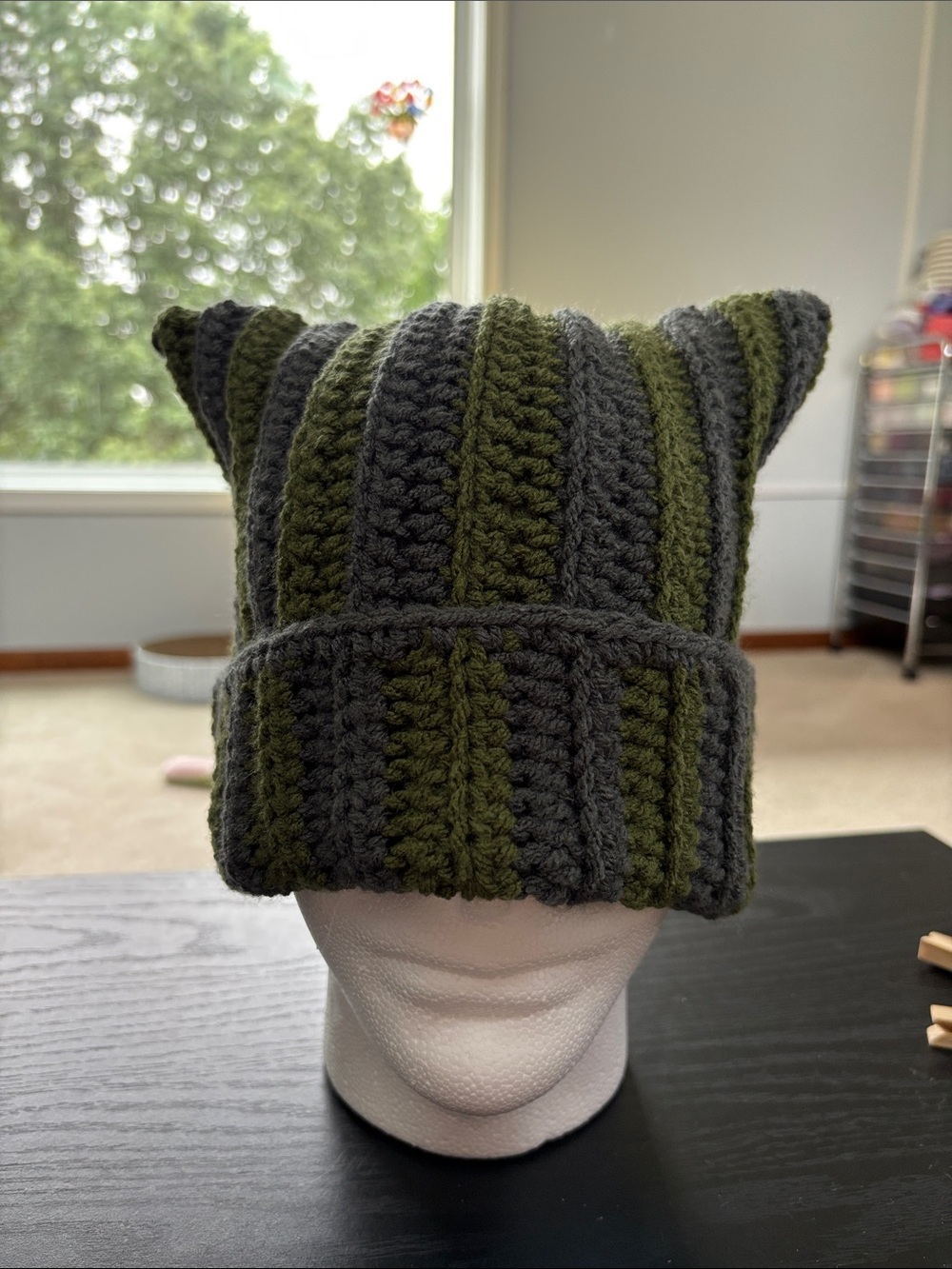 Hand-Crocheted Striped Cat-Ear Beanie in Olive and Charcoal